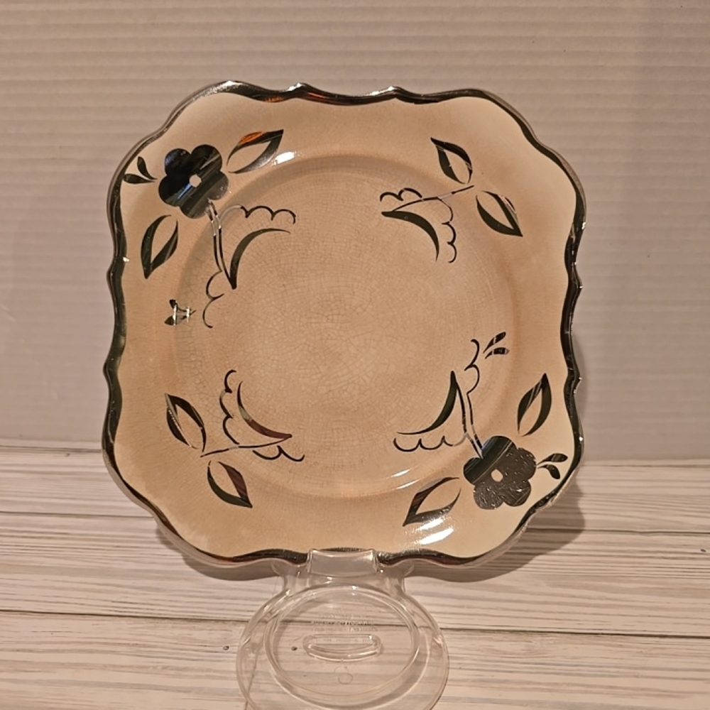 Elegant Sandland Ware 8" Plate Cream With Silver Edging, Flowers And Leaves